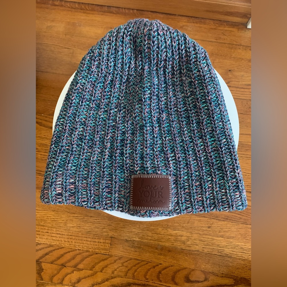Blue and pink speckled Love Your Melon beanie